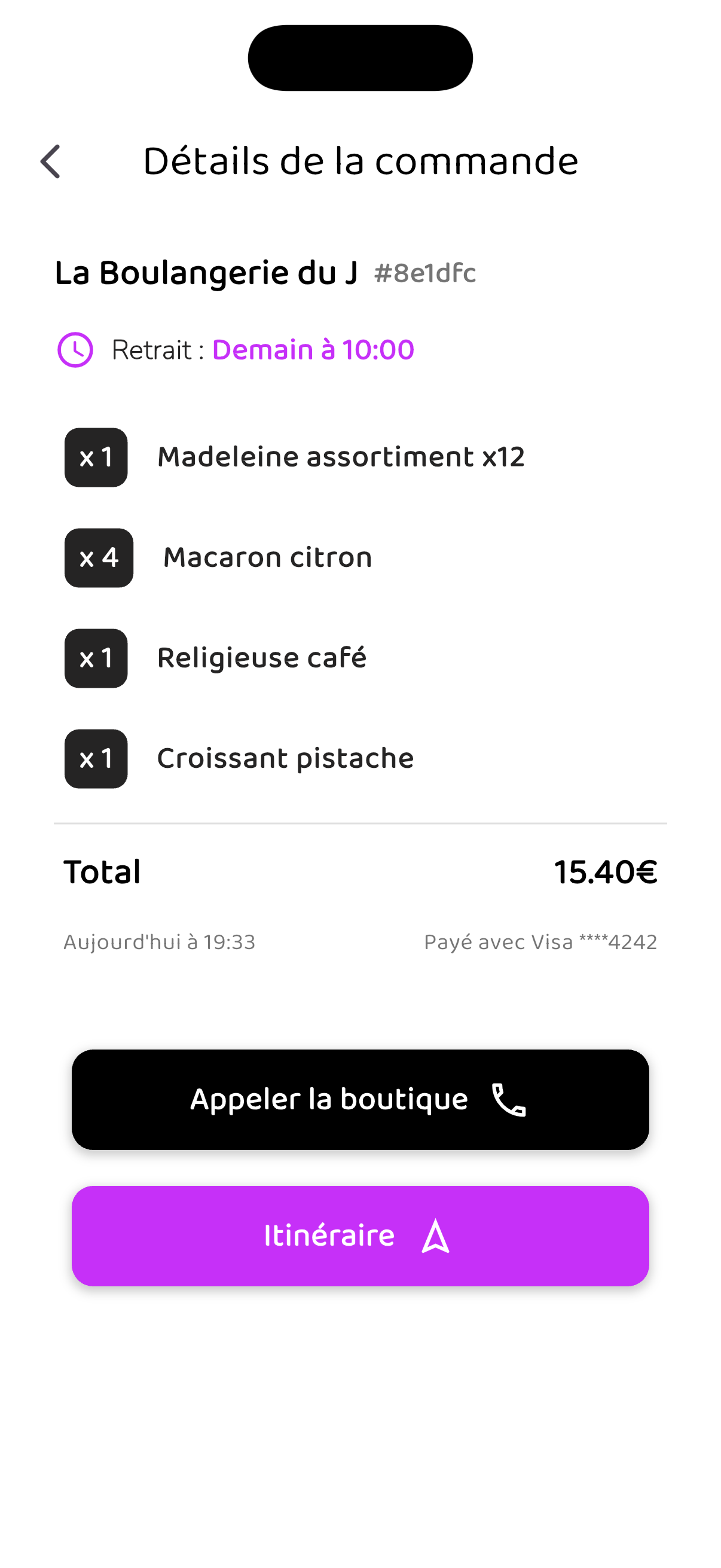 Détails d’une commande validée : produits commandés, total et horaire de retrait en boutique.